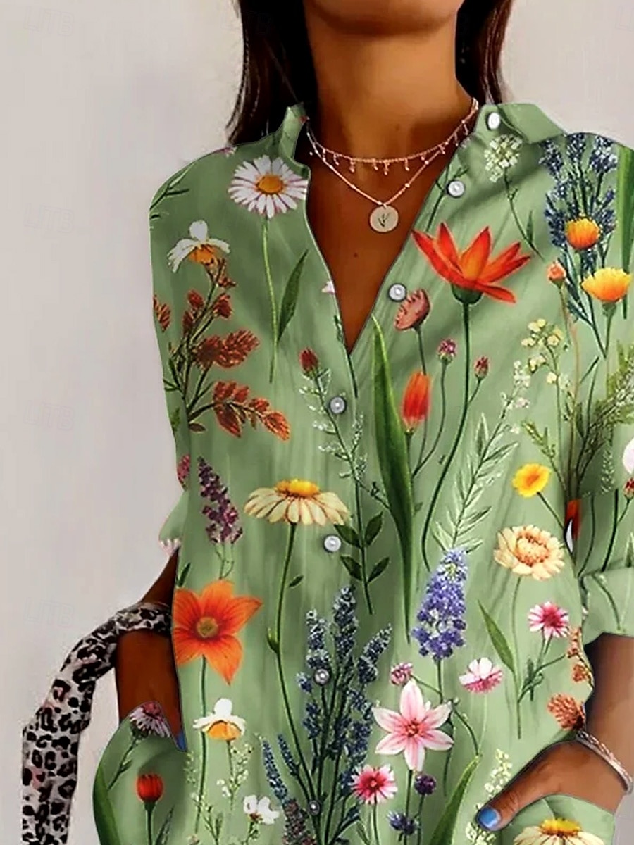 Kvinners Skjorte Blomster Grafisk Daglig Stilig Retro Vintage 3/4 Lengde Ermer Skjortekrage Vanlige Topper Daglig Ferie Ute Knapper Gressgrønn Sommer Vår 2025 - $32.99 –P2