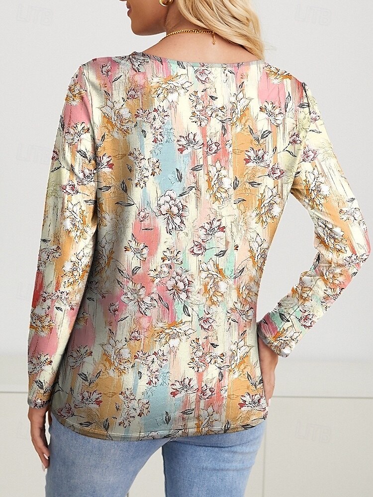 Damen T Shirt Blumen Brautkleider schlicht Langarm V Ausschnitt Normale Oberteile Täglich Bedruckt cremefarben Frühling Herbst 2025 - $22.99 –P2