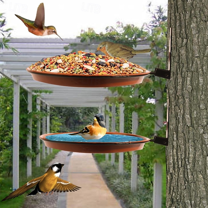 mangeoire à oiseaux montée sur un arbre, bain d'oiseaux installé sur un mur de clôture en bois, piquets de terrasse d'arbre avec anneau en fer robuste, arbres, terrasse, murs intérieurs et extérieurs de 2025 ? $13.49 –P3