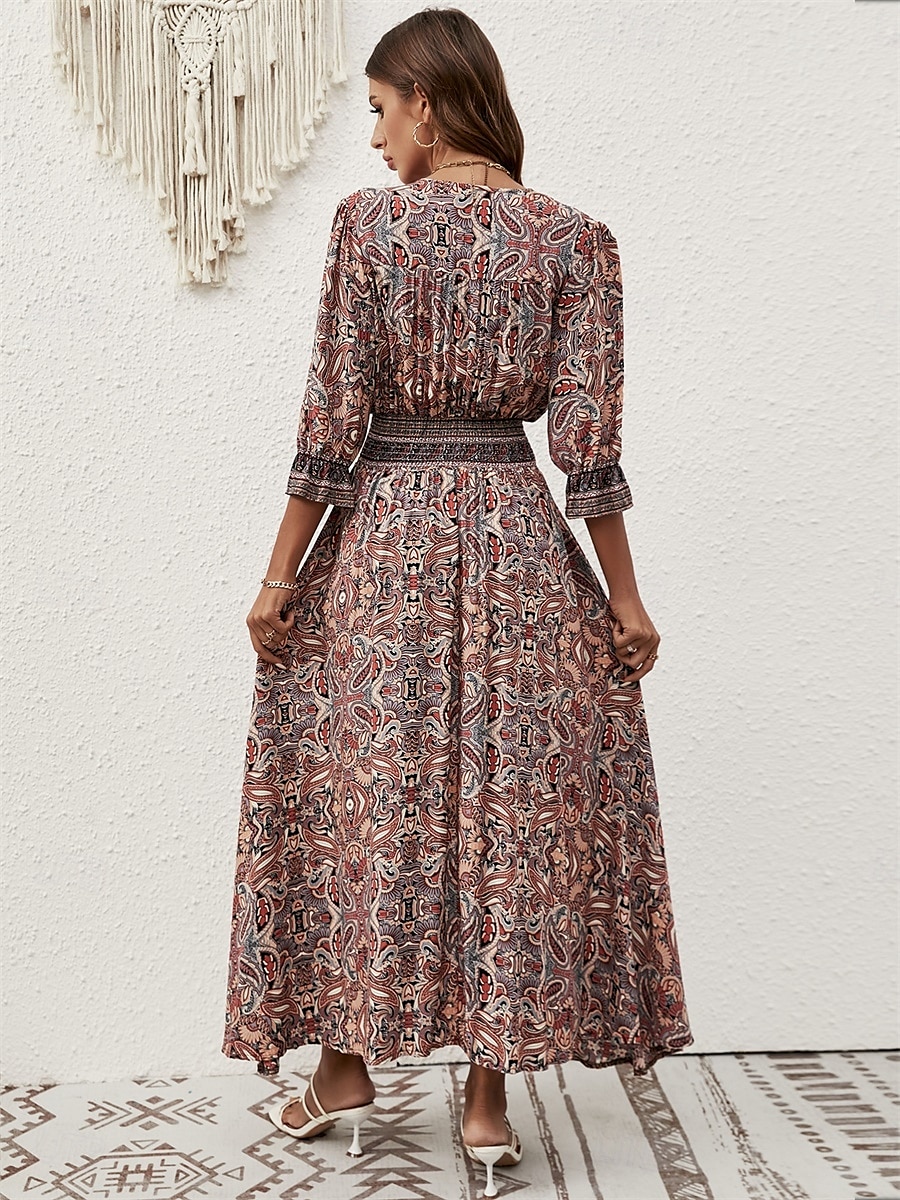 Per donna Vestito maxi Abito casual Abito Boho a maniche lunghe Abito boho Boemia Moda Essenziale Da mare Informale Giornaliero Standard Pop art Manica a 3/4 A V Marrone rossastro Blu Estate del 2025 a $42.99 –P11