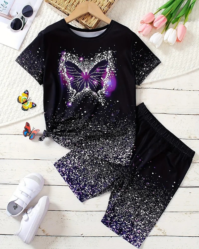 Mädchen 3D Graphic Schmetterling T-Shirt & Shorts Set Kurzarm Sommer Frühling Sport Modisch Täglich kinderkleidung 4-12 Jahre Rundhalsausschnitt Outdoor Urlaub Sport Reguläre Passform 2025 - $24.99 -P5