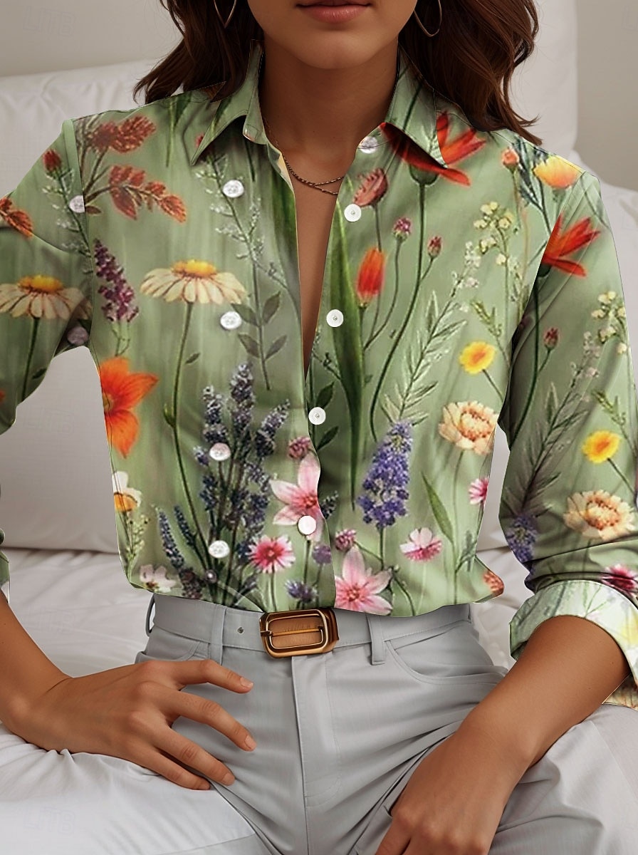 Femmes Chemise Fleuri Occasionnel manche longue Col de chemise Hauts Réguliers Travail Quotidien Boutons Imprimé Vert Printemps Automne Hiver de 2025 ? $32.99 –P2