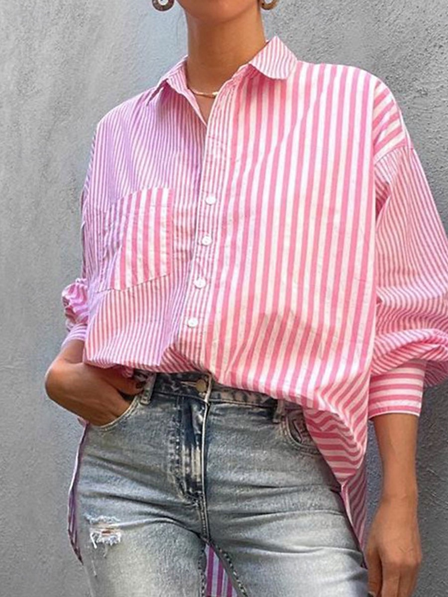 Women's Shirt Blouse Striped Elegant Daily Stylish Long Sleeve Shirt Collar Regular Tops Daily Holiday Going out Buttons Pocket Yellow Pink Green Spring Fall 2025 - $29.99 –P2