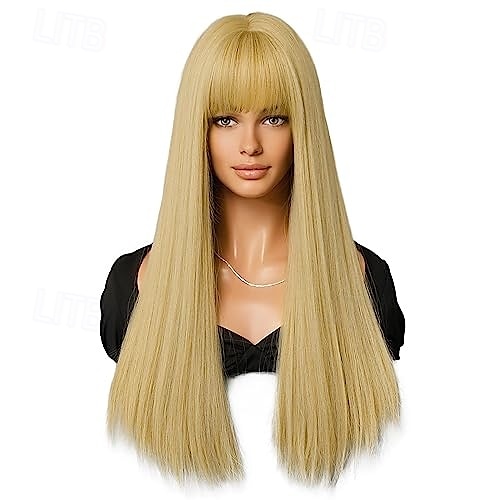peruk med bang för kvinnor lång rak peruk syntetisk peruk för tjej emo cosplay och dagligt bruk 2025 - $28.99 –P4