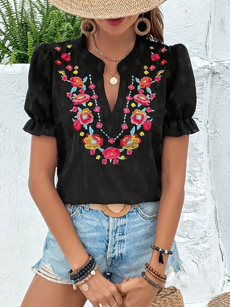 Per donna Maglietta Volant Patchwork Ricamato Floreale Moda Moderno Casual Manica Corta Collo a V Top Regolari Quotidiano Weekend Nero Estate del 2026 a $39.99 –P1