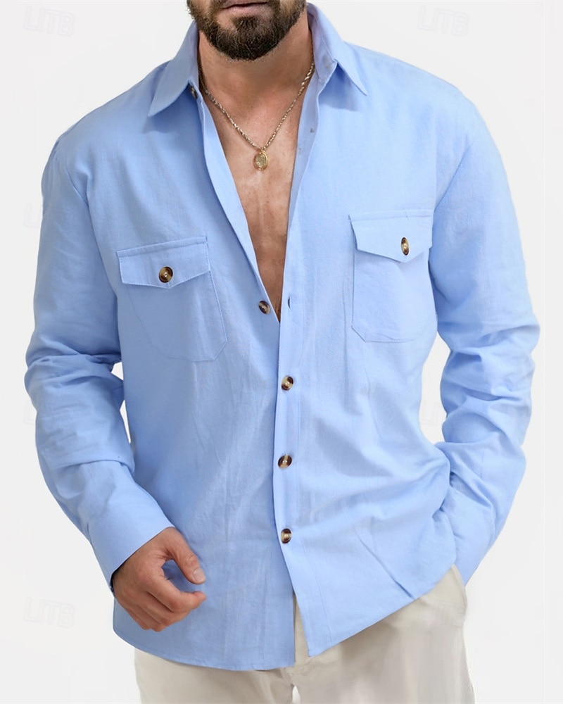 Men's Shirt Linen Shirt Casual Shirt Button Up Shirt Cotton Shirt Plain Vacation Hawaiian Black White Pink Beige Long Sleeve Lapel Summer Spring Clothing Apparel Front Pocket 2025 - $32.99 –P4