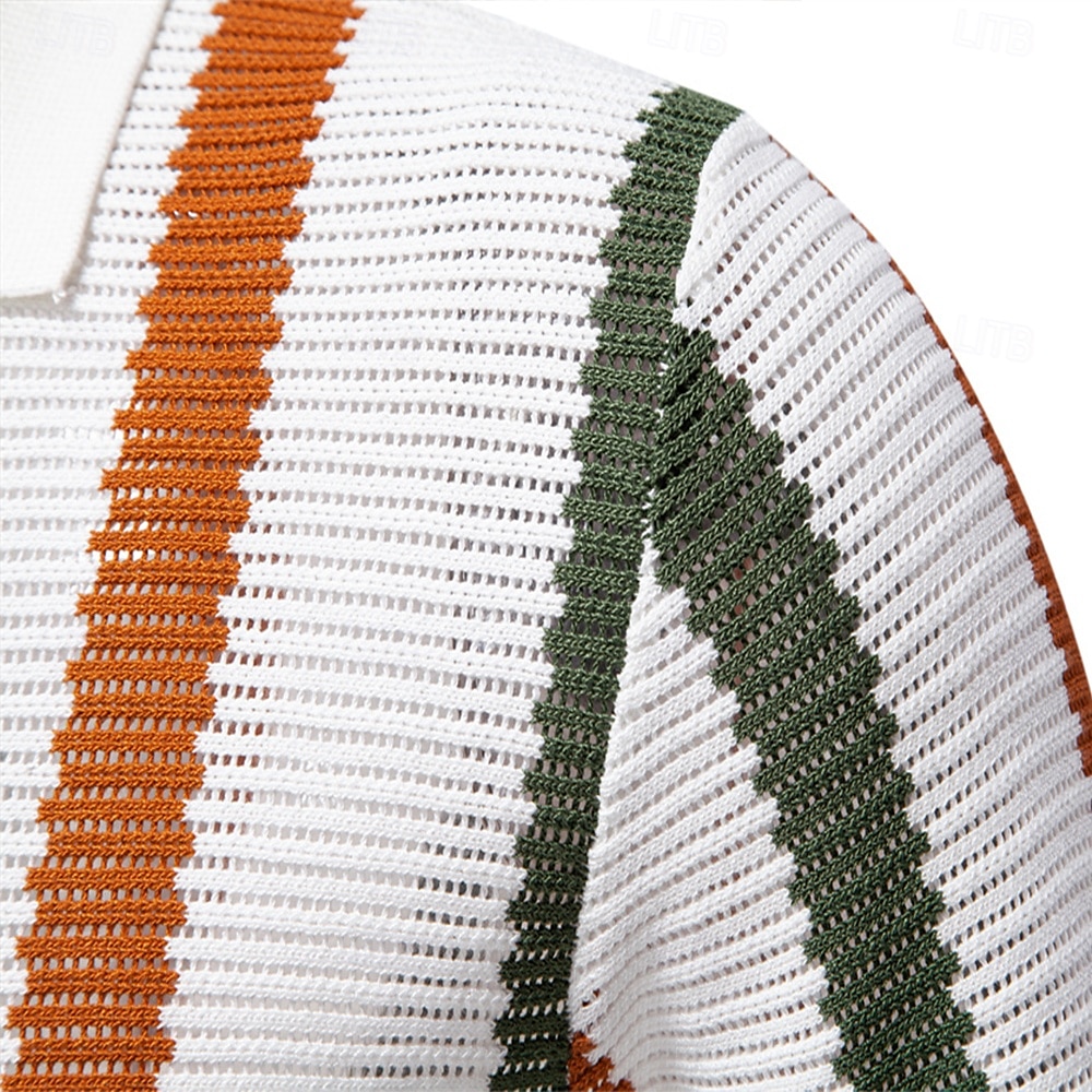 Herren Polo Strick-Polopullover Formell Arbeit Möwenhalsband Kurzarm Gestreift Vertikale Streifen Stripe-Trim Streifen Frühling Weiß Polo 2025 - $30.99 –P4