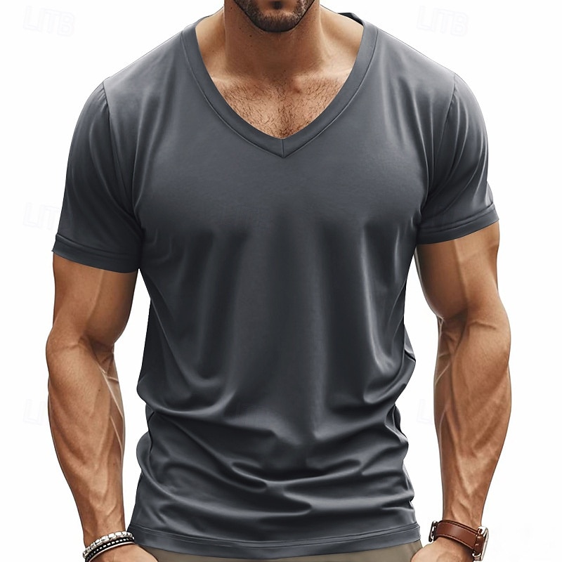 Herren T Shirt T-Shirt V-Ausschnitt T-Shirt Kurzarm V Ausschnitt Ganzjahres Einfach Mode Designer Basic Urlaub Straße Ausgehen Wein Schwarz Weiß Top T-Shirt für Herren 2025 - $12.49 –P1