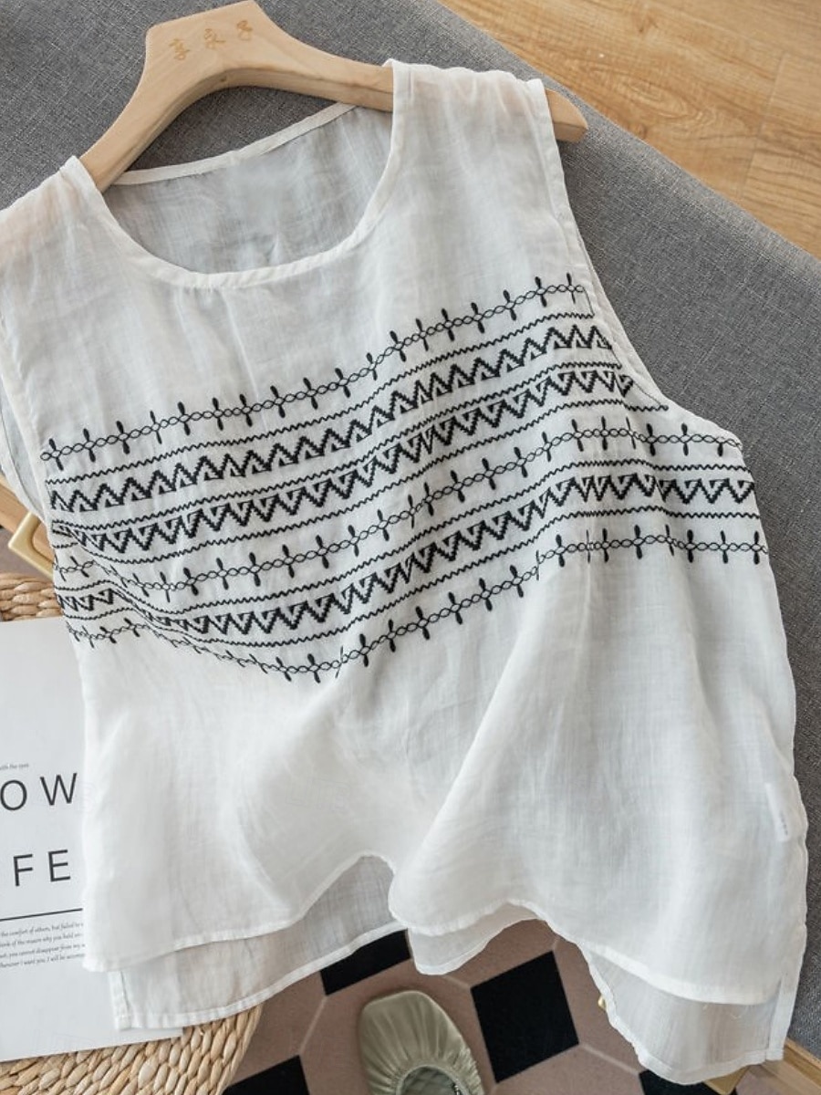 نسائي قميص قمصان قطنية كتان بلوزة كتان قطني صناعي طباعة هندسي أساسي كاجوال بدون كم رقبة عالية مدورة قمصان عادية مناسب للبس اليومي أبيض كاكي رمادي الصيف 2026 - $15.49 –P4