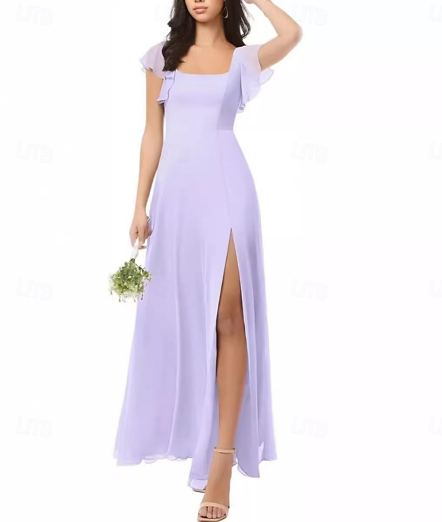 Linha A Vestido de Madrinha Scoop pescoço Manga Curta Elegante Longo Chiffon / Elastano com Fru-Fru / Pregueado / Fenda Frontal 2022 de 2025 por $155.99 –P1