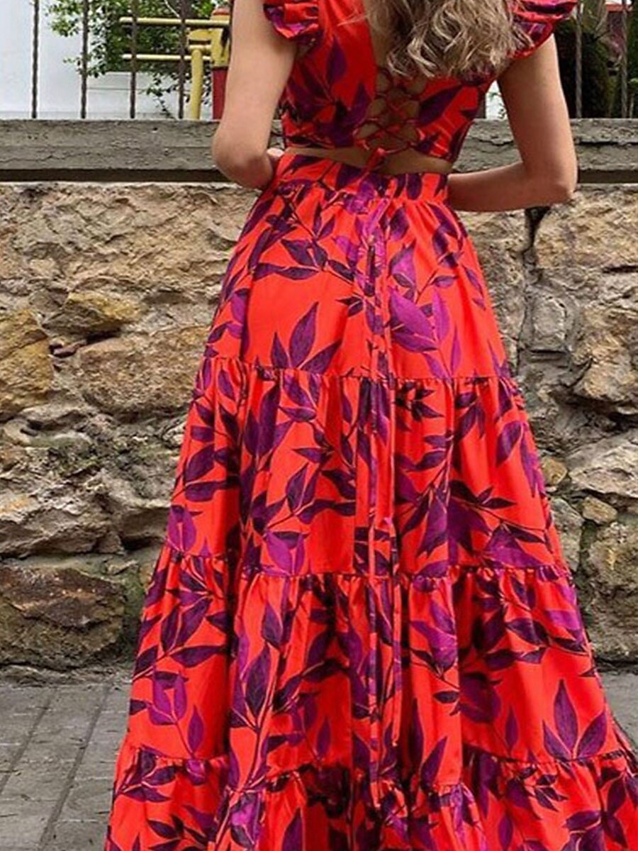 Women's Maxi Dress Corset Dress Wrap Dress A Line Dress Ruffle Dress Bohemia Vintage Boho Flared Sleeve Vacation Holiday Cocktail Party Floral Graphic Short Sleeve Crew Neck Red 2025 - $27.99 –P2