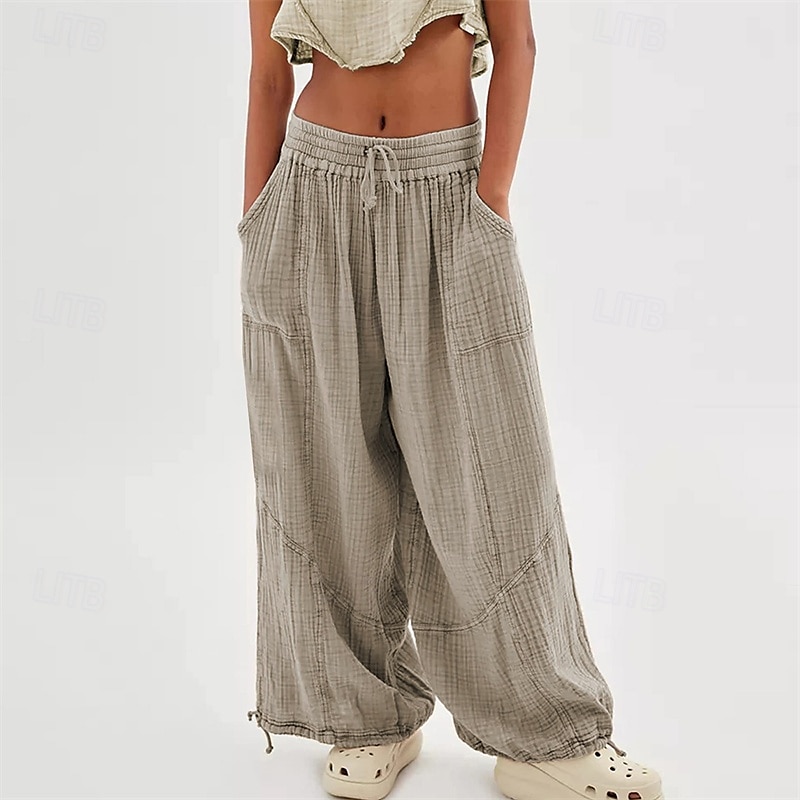 pantaloni din bumbac și pânză pentru femei, îmbrăcăminte stradală la modă, confort, lungime, talie înaltă, șnur simplu, talie elastică, șnur confortabil în aer liber, ținută confortabilă de zi cu zi 2025 - $18.99 –P2