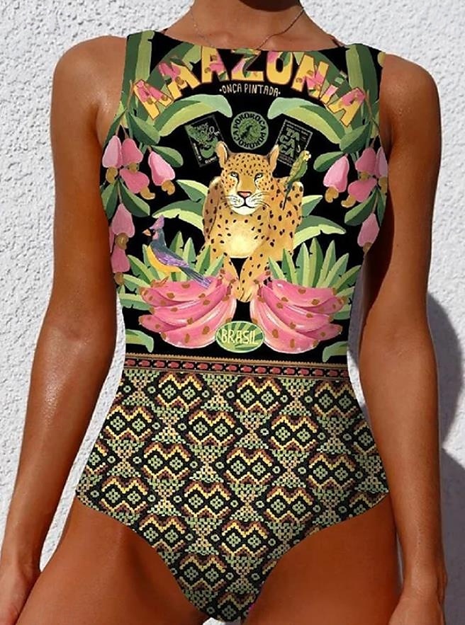 Damernas baddräkter En-delad Monokini baddräkt Rygglös Stomach Control Hög midja Slank Semester Strandkläder Grafisk Djur Rund hals ärmlösa baddräkter 2025 - AU $52.19 –P1