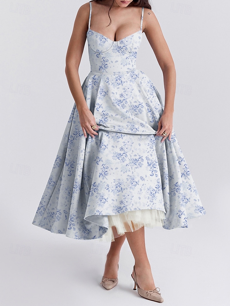 Retro Vintage 1950s Midi Dress Flare Dress Spaghetti Strap Corset Floral A-Line Women's Masquerade Wedding Vacation Tea Party Adults' Dress 2025 - GBP £21 –P17