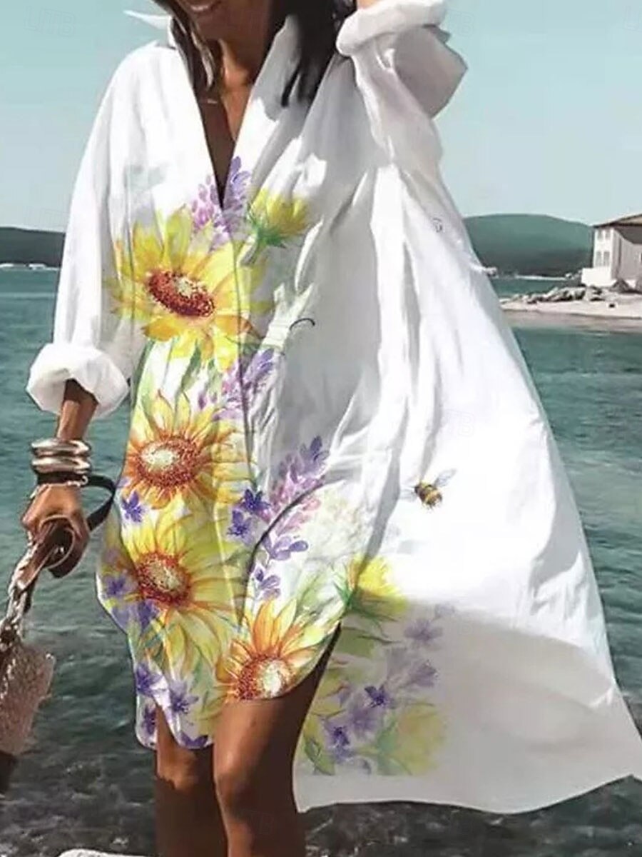 Damen kleid lang blusenkleid Casual kleid Stilvoll Brautkleider schlicht Urlaub Täglich Lockere Passform Graphic Langarm Hemdkragen Weiß Gelb Rosa Leicht Blau Sommer Frühling Herbst 2025 - $26.99 –P5