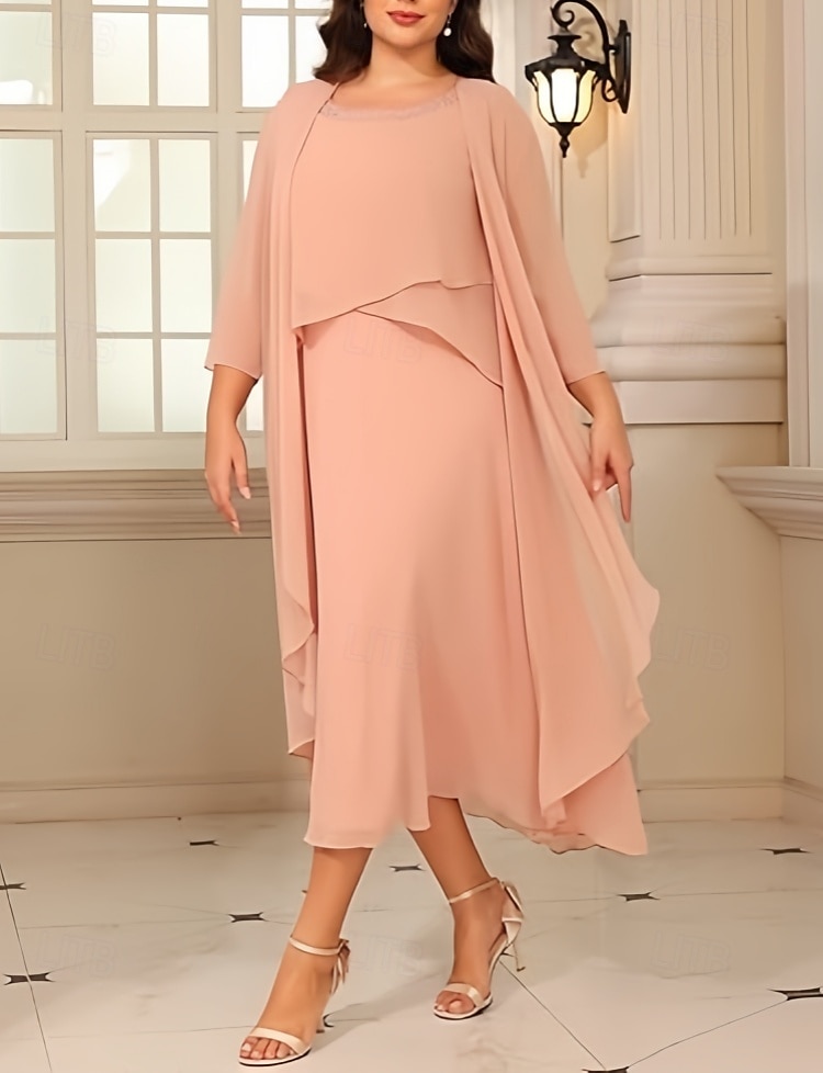 Dvoudílné A-Linie Šaty pro matku nevěsty Elegantní vintage Drahokamový výstřih Délka čaje Chiffon 3/4 délky Rukáv s korálky 2025 - $175.99 –P1