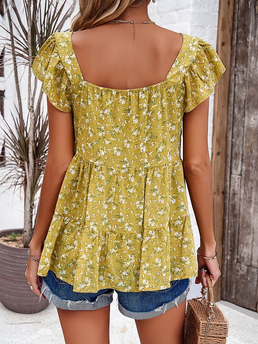 Femme Chemise Chemisier Floral mode Décontractées Manche Courte Col Carré Hauts réguliers du quotidien A Volants Imprimer Noir Jaune Rouge Beige Eté de 2025 ? $32.99 –P7