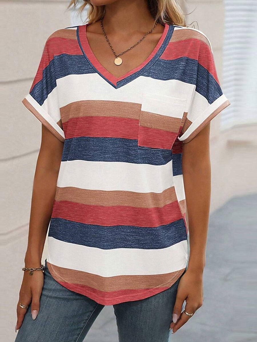 Women's T Shirt Striped Fashion Modern Casual Short Sleeve V Neck Regular Tops Daily Weekend Pink Wine Sky Blue Summer Spring 2025 - $21.99 –P2