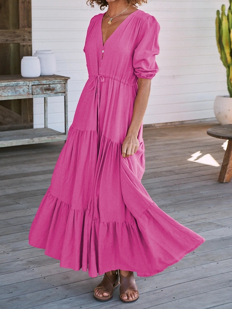 Women's Maxi Dress Casual Dress Swing Dress A Line Dress Casual Vacation Daily Regular Fit Plain Short Sleeve V Neck Black Navy Blue Fuchsia Green Summer 2025 - $31.99 –P1