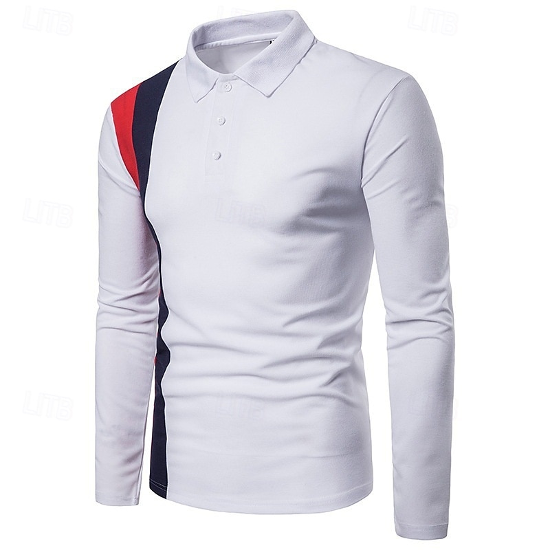 Herr Golftröja Golf pikétröjor Arbete Ledigt Kavajslag Långärmad Grundläggande Modern Färgblock Lappverk Knappar Vår Höst Normal Svart Vit Marinblå Golftröja 2025 - $12.99 –P8