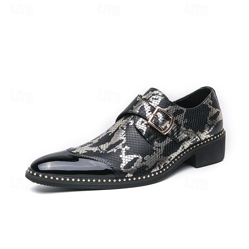 mocassins à imprimé serpent noir et blanc pour hommes avec détails en cuir verni et boucle – chaussures à enfiler élégantes pour les occasions formelles et décontractées de 2025 ? $46.99 –P2