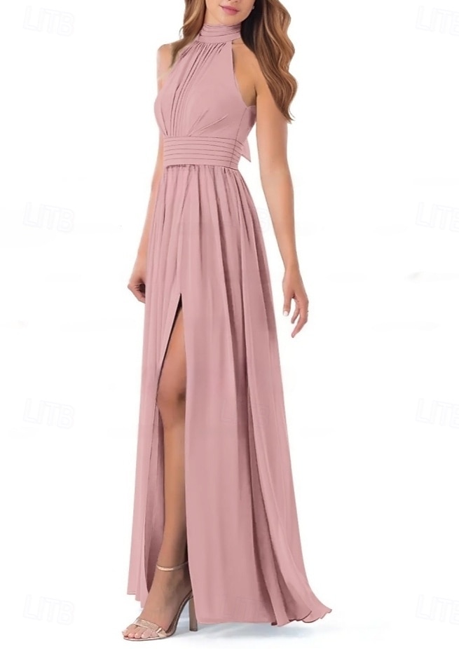 Robe de demoiselle d'honneur A-Line col halter manches courtes élégante longueur de sol chiffon avec plis  fente avant  fronces de 2025 ? $160.99 –P3