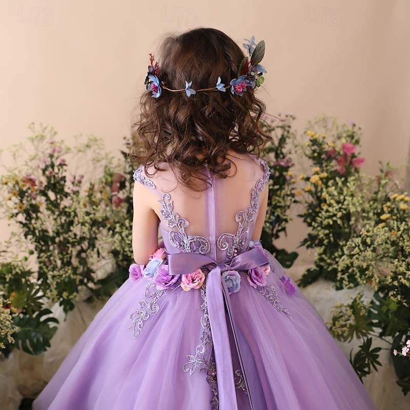 Blomsterpikekjole Barn Jente Prinsesse kjole Ytelse Bryllup Fest Elegant Vakker Netting Helfarge Ermeløs Crew-hals Lilla 4 år + 2025 - $58.99 –P4
