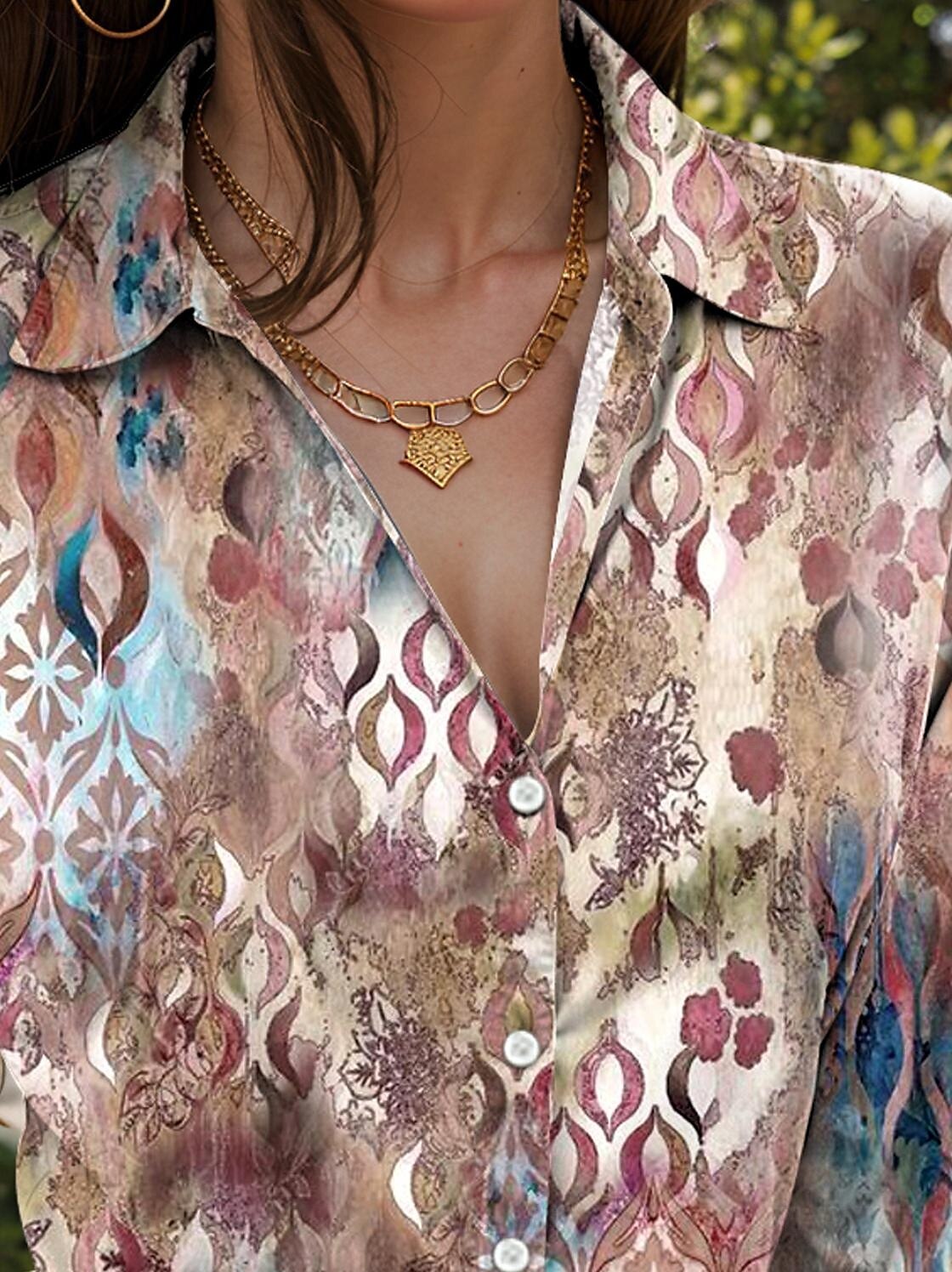 Women's Shirt Geometric Color Block Casual Long Sleeve Shirt Collar Regular Tops Work Daily Buttons Print Khaki Spring Fall Winter 2025 - $32.99 –P3