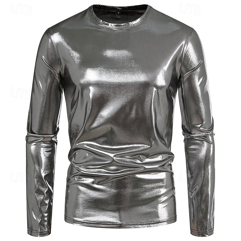 Men's Tee Tee Top Long Sleeve Shirt Long Sleeve Crew Neck Spring &  Fall Plain Fashion Designer Shiny Metallic Vacation Street Going out Silver Green Red Top Tee for Men 2025 - $21.99 –P1