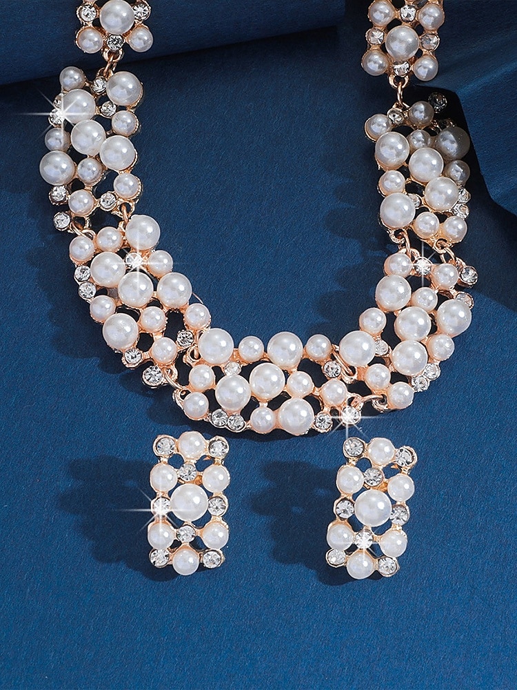Conjunto de collar y pendientes de perlas de imitación de lujo: elegante joyería nupcial bañada en oro para bodas, fiestas y eventos formales 2026 - $11.99 –P4