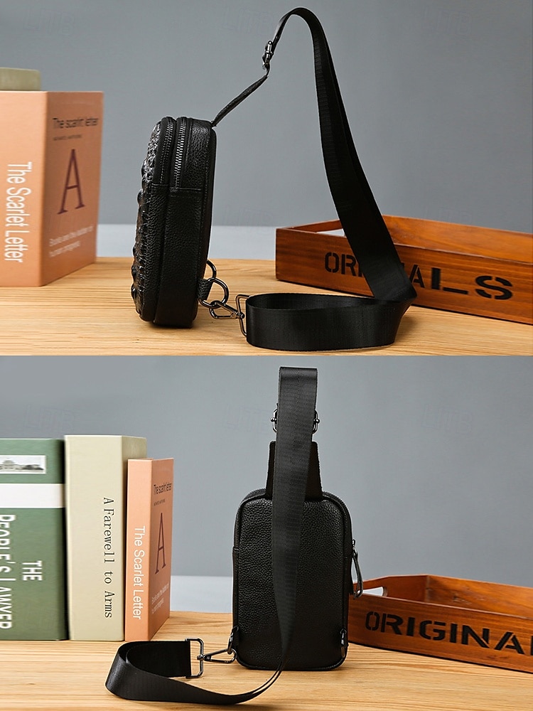 svart krokodillepreget crossbody-veske i skinn for menn – kompakt slengveske med justerbar stropp for daglig bruk 2025 - $19.99 –P5