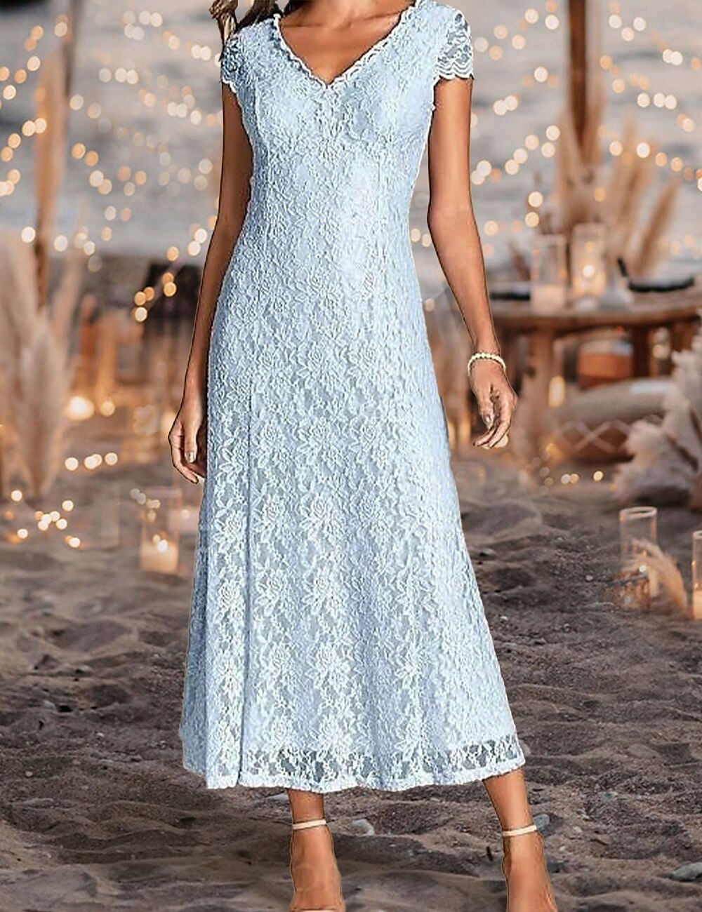 A-Lijn Moeder van de Bruid Jurk Bruiloft Gast Plus Size V Hals Enkele Lengte Kant Korte Mouw met Plooien 2025 - $176.99 –P1