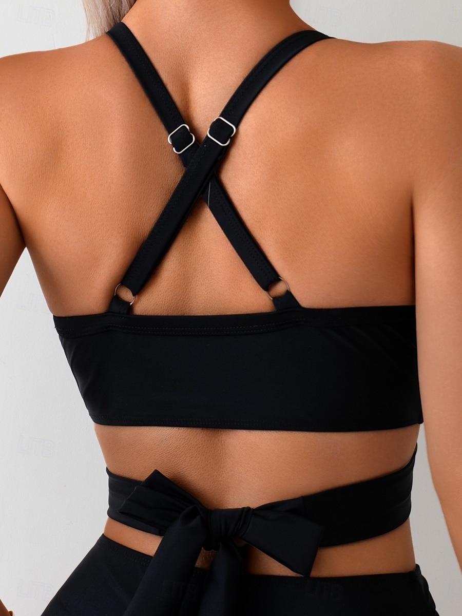 Dames Zwemkleding Bikini 2 stuks Onderbroeken Zwempak Netstof Blote rug Slank Hoog getailleerd Vakantie Strand Kleding Effen Kleur Ronde hals Mouwloos Badpakken 2025 - $31.99 –P5