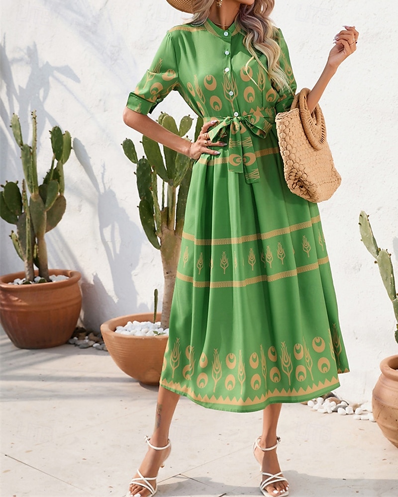 Pentru femei Rochie Lunga Rochie Maxi Rochie casual Rochie de vară Rochie Boho Modă În aer liber Concediu Dată Fit regulat Vopsire Lungime Manșon 3/4 Guler Cămașă Negru Alb Trifoi Vară Primăvară 2025 - $26.99 –P3