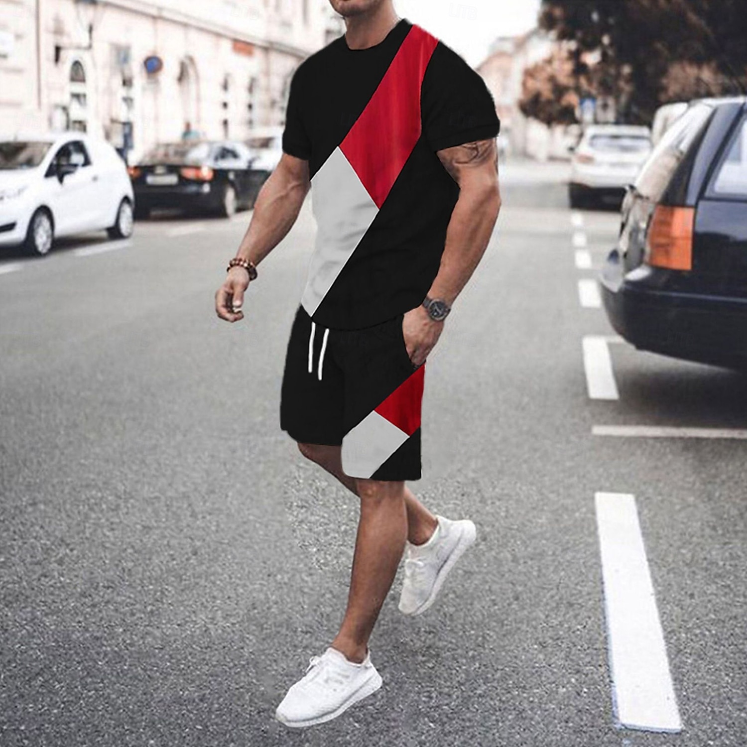 Men's T-shirt Suits 2 Pieces Outfits Tee & Shorts Short Sleeve Crewneck Summer Color Block Fashion Casual 2 Piece Vacation Daily Wear Going out Black White Green Top Tee for Men 2025 - $25.99 –P3