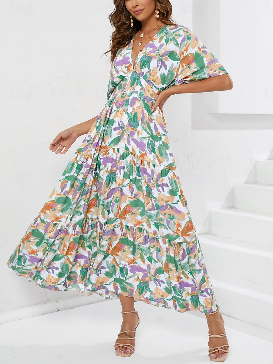 Dam Maxiklänning Vardagsklänning A linjeklänning Stylish Ledigt Semester Dagligen Normal Blommig Halvlång ärm V-hals Blå Sommar 2025 - $33.99 –P6