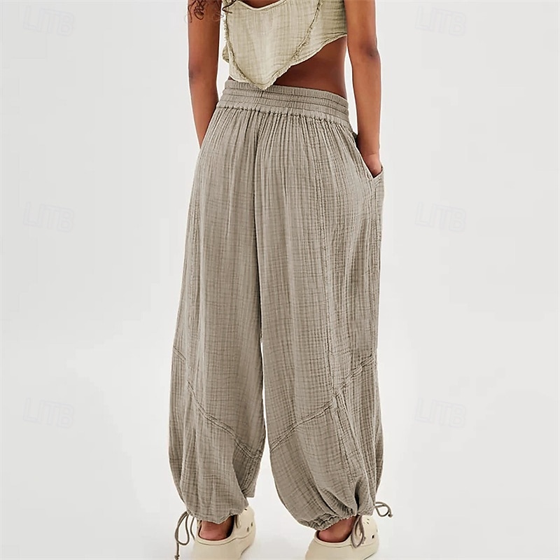 pantaloni din bumbac și pânză pentru femei, îmbrăcăminte stradală la modă, confort, lungime, talie înaltă, șnur simplu, talie elastică, șnur confortabil în aer liber, ținută confortabilă de zi cu zi 2025 - $18.99 –P4