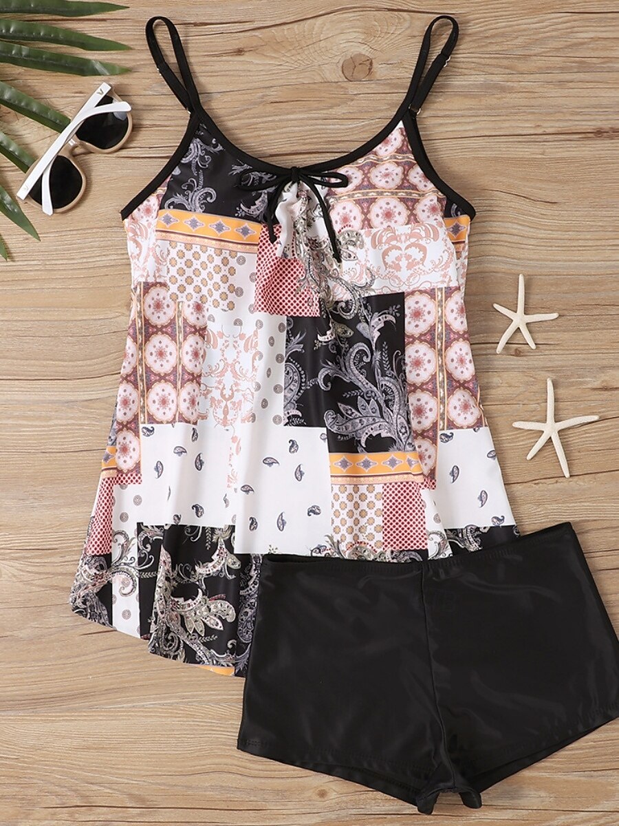 Kvinnors tankini 2-delad baddräkt Boho shorts mage kontroll hög midja smal rygglös semester strandkläder paisley U-hals ärmlösa baddräkter 2026 - $33.99 –P6
