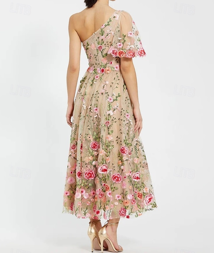 Blumengesticktes A-Linie Kleid Mutter der Braut Kleid Elegant Vintage Ein-Schulter Knöchellang Tüll Kurzarm mit Blume Hochzeitsgastkleid 2025 - $138.99 –P2