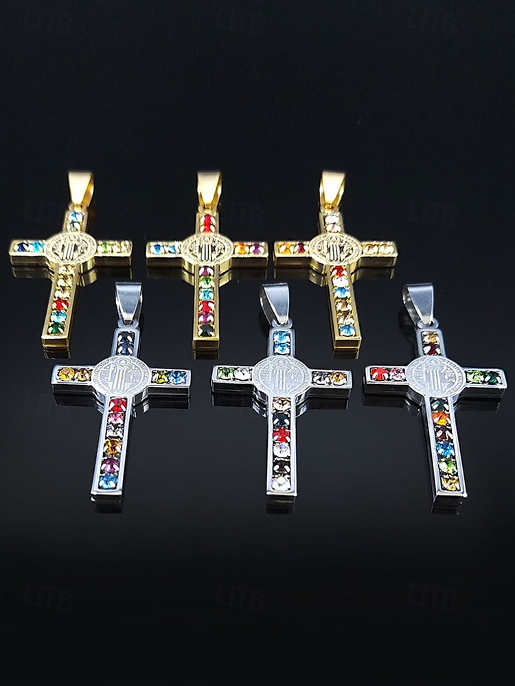colar masculino de cruz banhado a ouro em aço inoxidável com pedras preciosas multicoloridas – pingente religioso, corrente estilosa para uso diário, presentes para ocasiões religiosas de 2025 por $14.99 –P6