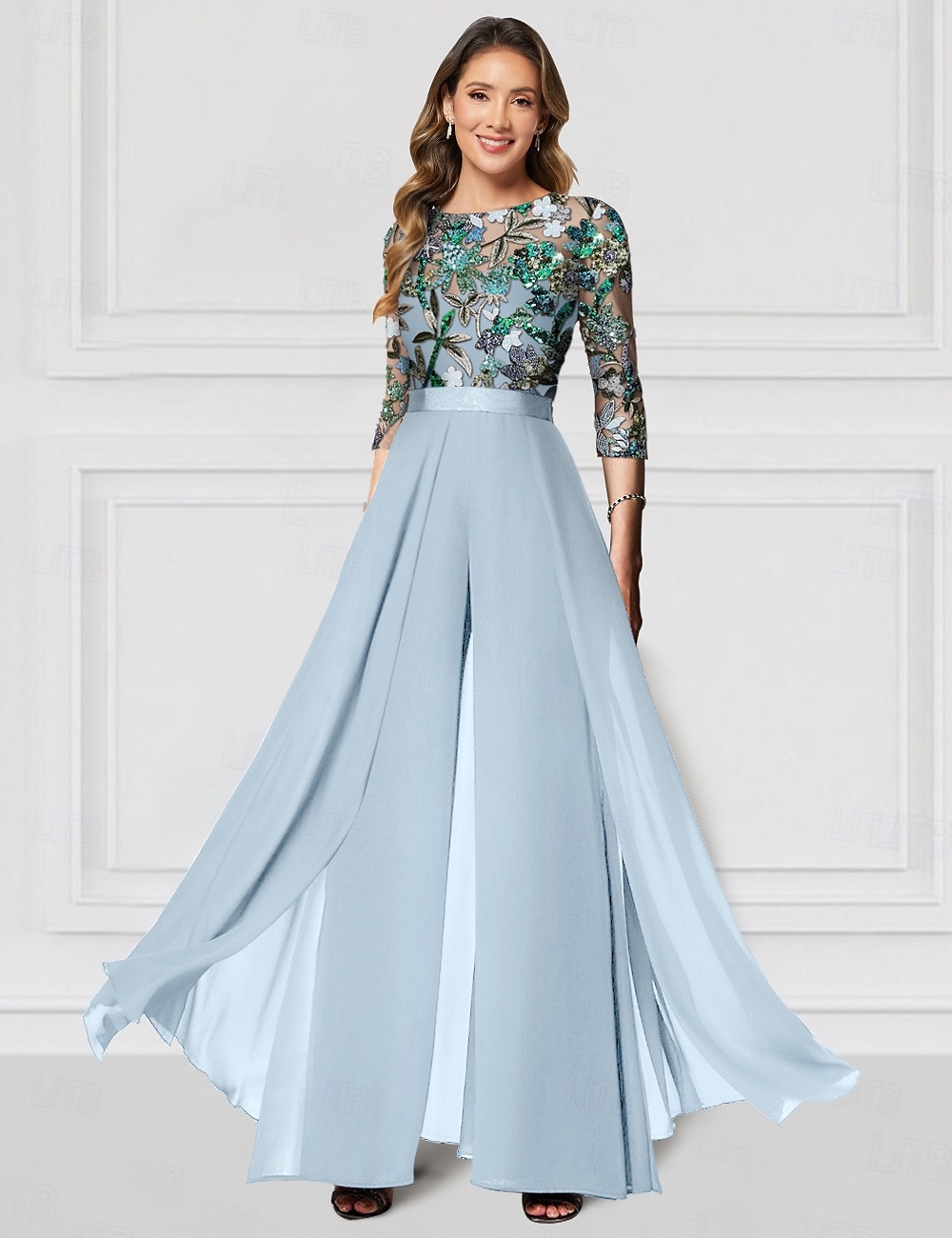 Floral Jumpsuit Embroidered Mother of the Bride  Formal Wedding Elegant Vintage Illusion Neck Floor Length Chiffon Half Sleeve with Sequin Derby  Race Day Dress 2025 2025 - $159.99 –P3