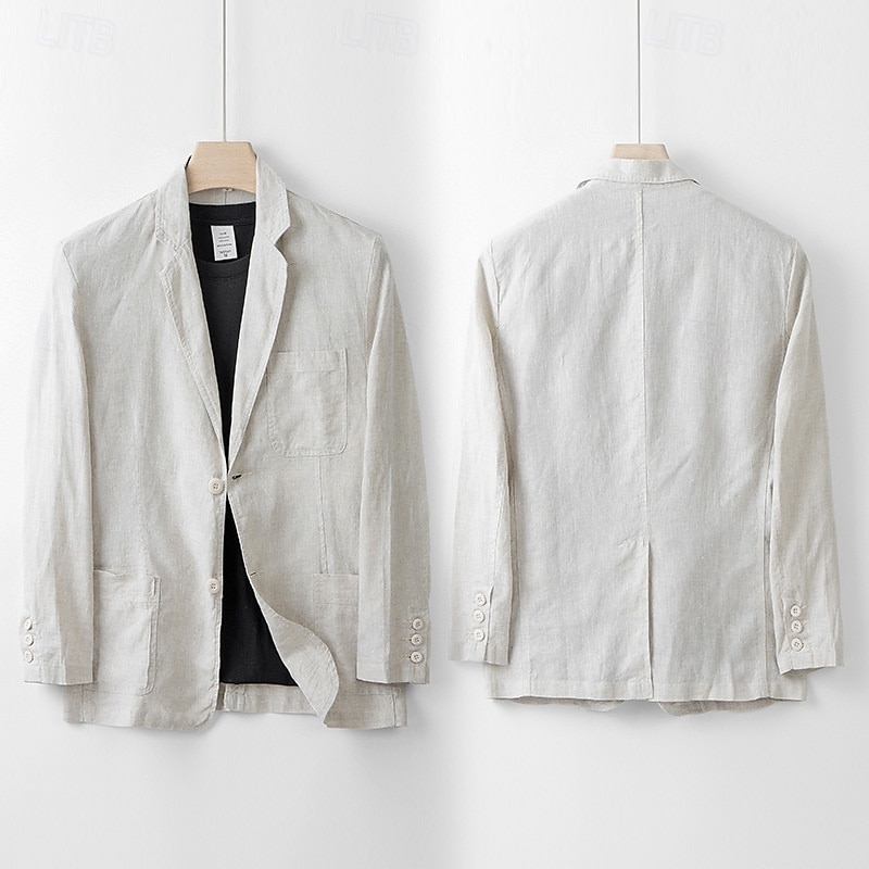 Homme Blazer 100% lin blazer Entreprise Soirée Cocktail Fête de Mariage Mode Décontractées Printemps Automne 100% Lin Couleur unie Boutons Poche Confortable Boutonnage Simple veste Noir Blanche bleu de 2025 ? $132.99 –P7