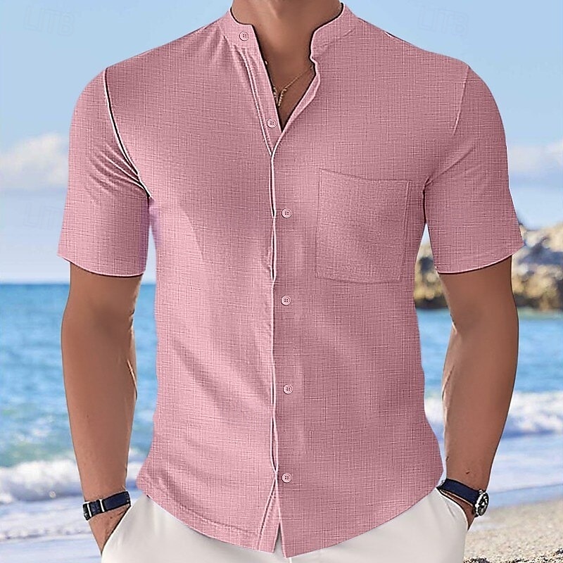 Men's Shirt Summer Shirt Casual Shirt Beach Shirt Button Up Shirt Black White Yellow Pink Sky Blue Short Sleeve Plain Grandad Collar Stand Collar Vacation Hawaiian Buttons Clothing Apparel Fashion 2025 - $21.99 –P7
