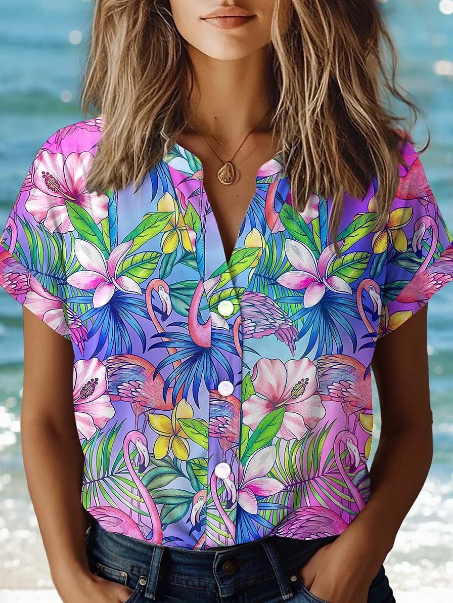 Camicia da Donna Floral Elegante Vintage Tropicale con Maniche Corte Collo Classico Top Regolari Bottoni Stampa Viola Estate del 2025 a $29.99 –P1