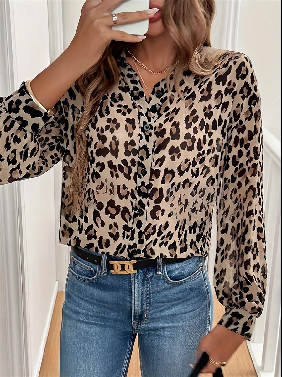 Dámské Košile Halenka Leopard Elegantní Denní stylové Dlouhý rukáv Košilový límec Běžné topy Práce Denní Dovolená Knoflíky Levhart Léto Jaro 2025 - $29.99 –P1