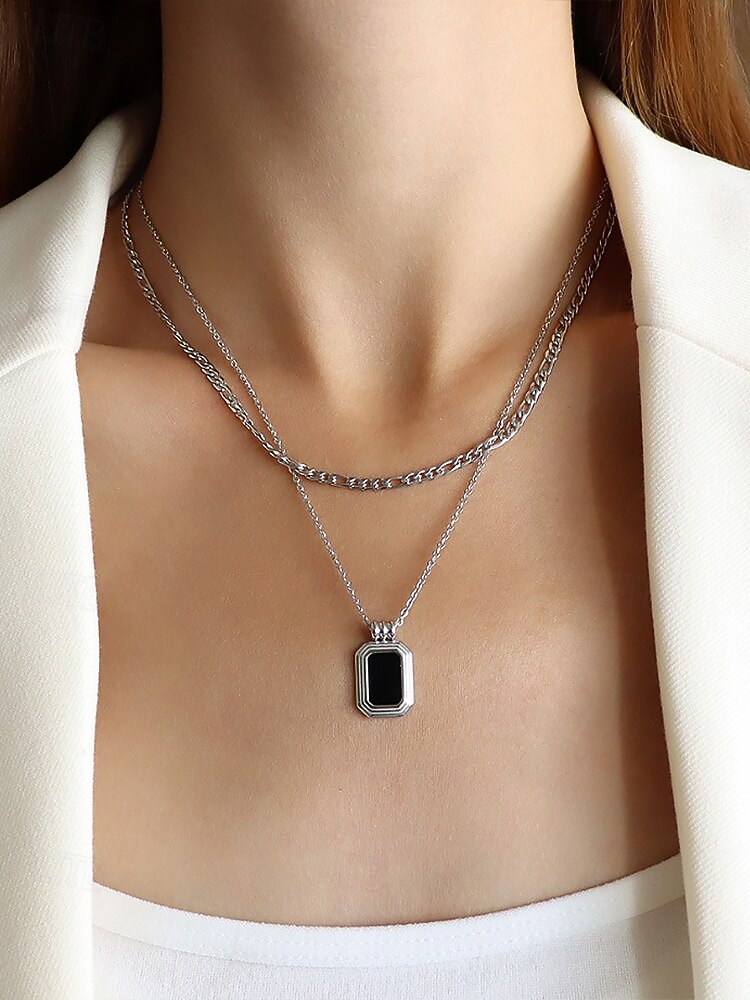 Collier à double chaîne multicouche pour femme avec pendentif rectangulaire noir - peut être porté séparément, bijoux élégants pour femmes, adaptés aux occasions formelles et décontractées de 2026 ? $11.99 –P2