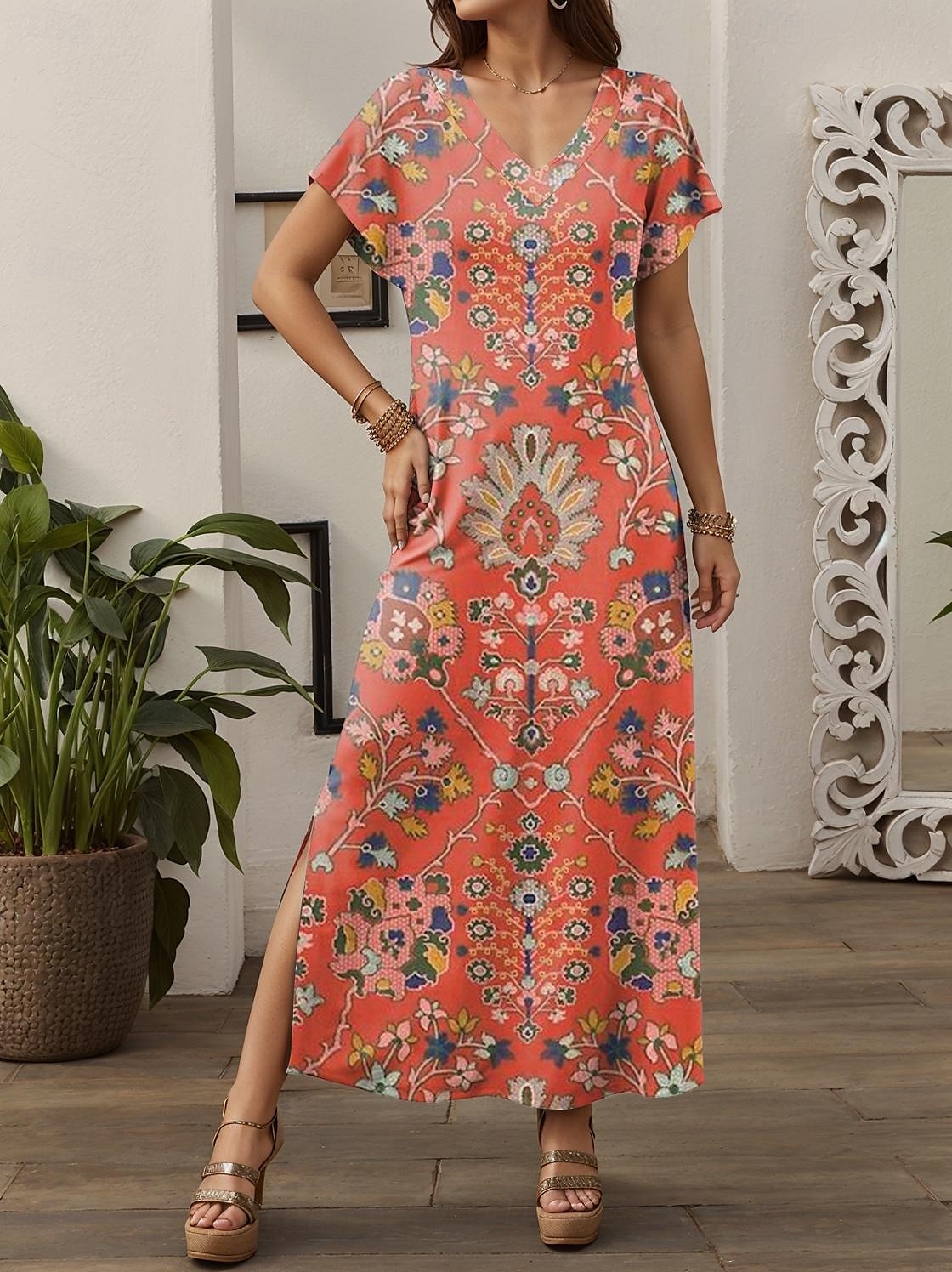 Pentru femei Rochie Maxi Rochie casual Rochie A line Stilat Casual Vacanță Zilnic Fit regulat Floral Manșon scurt În V Portocaliu Primăvară Toamnă 2025 - $28.99 –P2