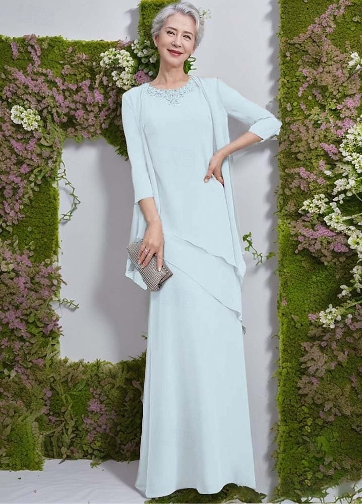 Zweiteiliges Kleid der Mutter der Braut Elegant Vintage Einfach Juwel-Ausschnitt Bodenlang Chiffon 3/4 Länge Ärmel Jackett Kleider mit Pailletten Beading Kaskadierende Rüschen 2025 - $203.99 –P1