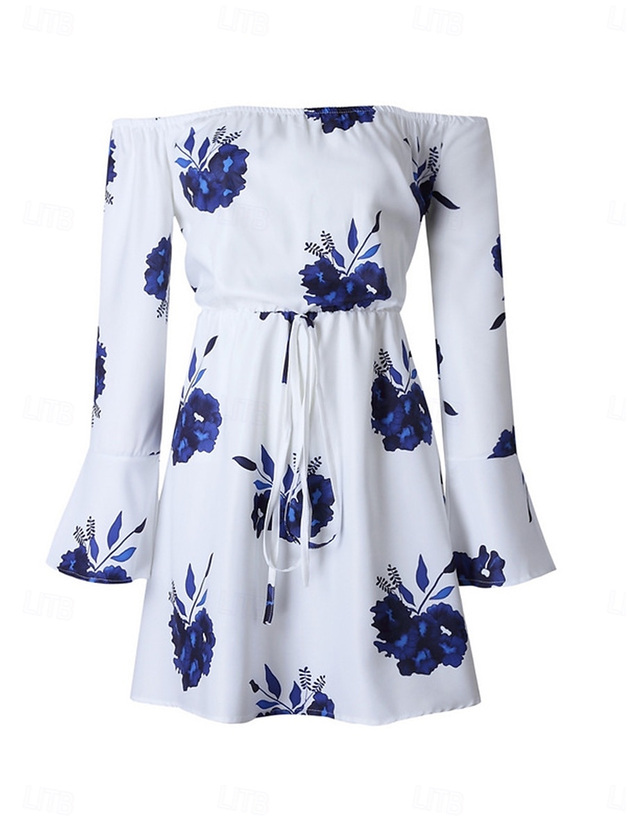 Dam Mini klänning Vardagsklänning Boho bröllopsgästklänning bohemliv Stylish Sexig Lös passning Blommig Långärmad Över axeln Svart Blå Sommar Vår Höst 2025 - $22.99 –P5