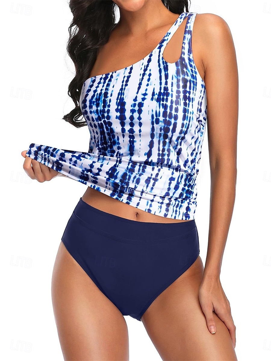 Damen Badeanzug 2 Stück Cheeky-Bikinihose Bademode Rückenfrei Bauchkontrolle Schlank Urlaub Strandbekleidung Graphic Asymmetrischer Hals Ärmellos Badeanzüge 2025 - $26.99 –P9